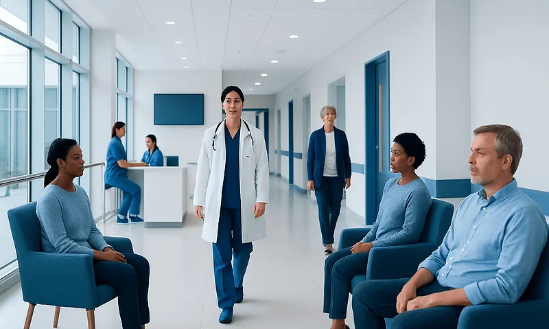Medical consultation in a hospital corridor with doctors and patients.