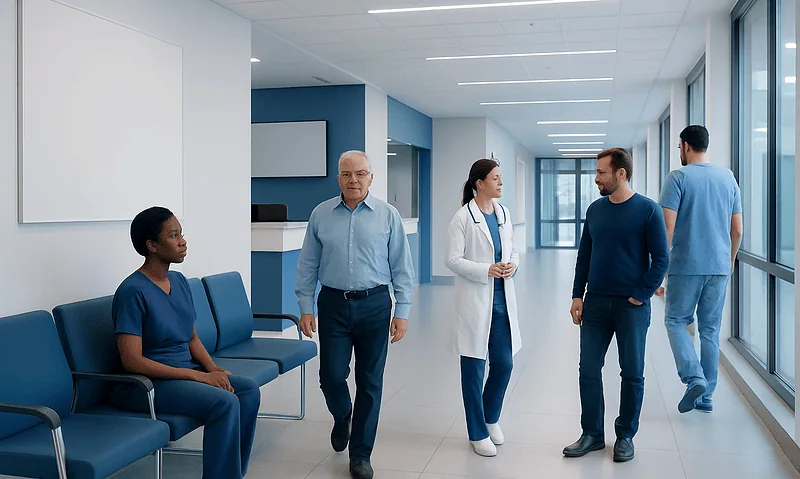 Medical professionals and patient in hospital corridor at Acibadem Hospitals Group.