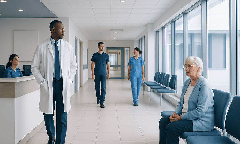 Medical staff and patient in a hospital corridor at Acibadem Hospitals Group.