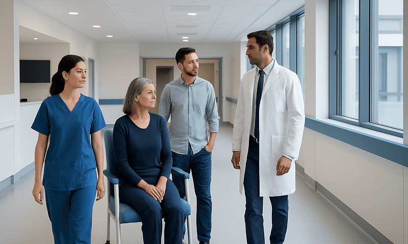 Doctor consulting with patients in hospital corridor.