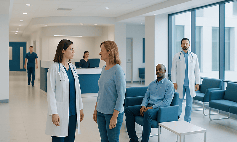 Medical team consulting with patient in hospital lobby.