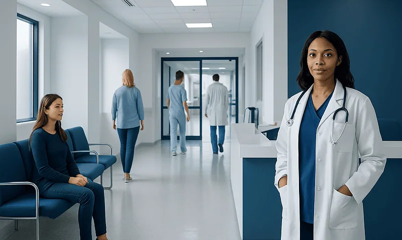 Healthcare professionals and patients in a modern hospital corridor.