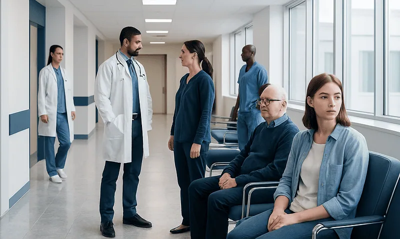 Brain Aneurysm: Warning Signs, Rupture Risk, and When Urgent Care Is Needed 10 Medical team consulting with patients in hospital corridor.