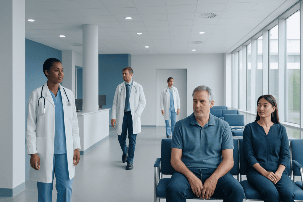HIV-Associated Neurocognitive Disorders: Memory and Concentration Changes Explained 1 Patients waiting in a hospital corridor with medical staff nearby.