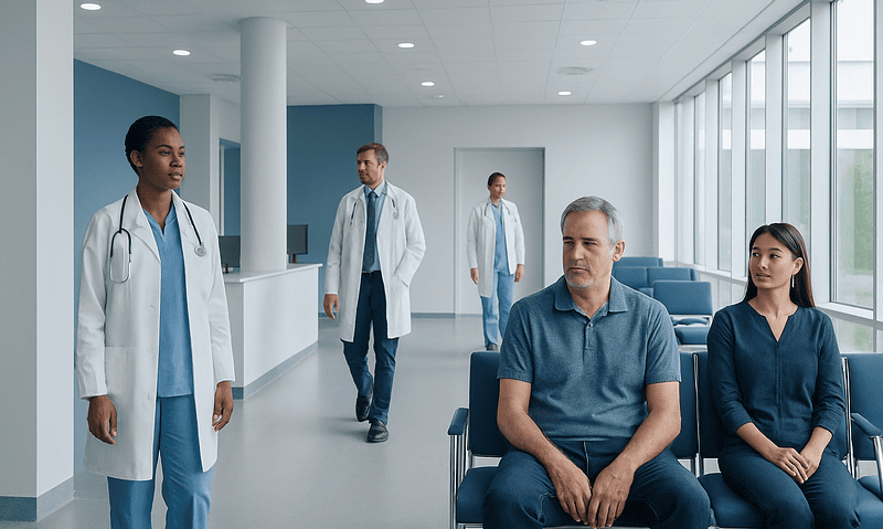 Patients waiting in a hospital corridor with medical staff nearby.