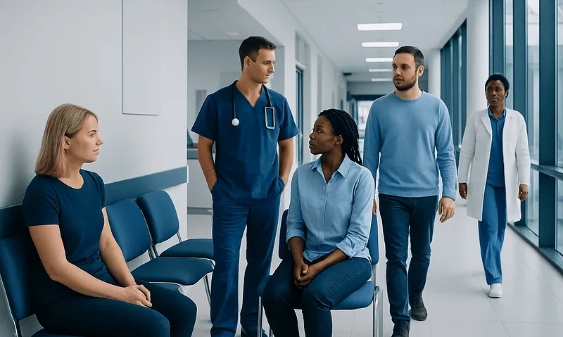 Medical team consulting with patient in hospital corridor.
