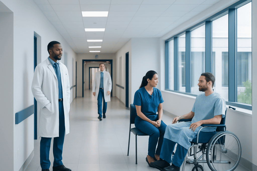 Spinal Cord Infection: Back Pain, Weakness, and Emergency Diagnosis 1 Medical consultation in hospital corridor with patient in wheelchair and healthcare professionals.