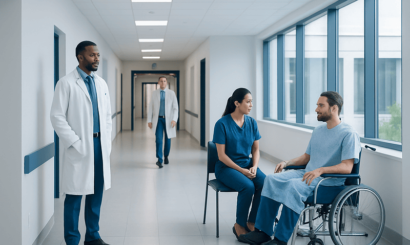 Medical consultation in hospital corridor with patient in wheelchair and healthcare professionals.