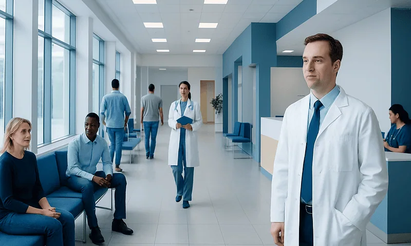 Medical team in hospital corridor with doctor in foreground and patients waiting.