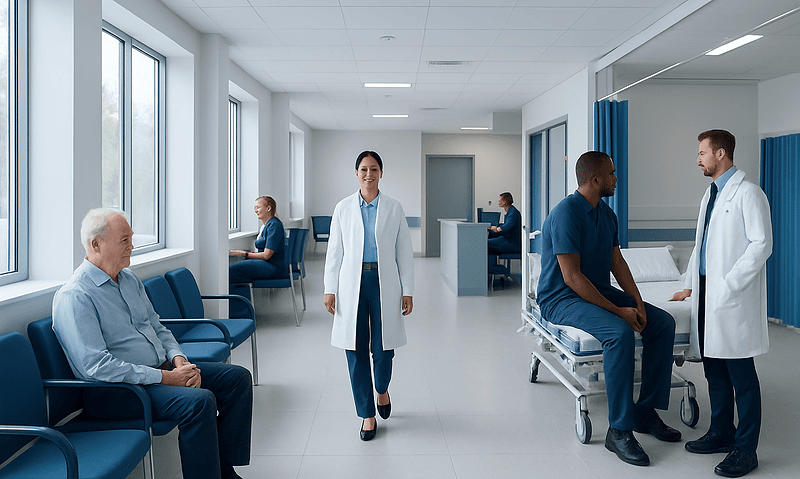 How Vascular Neurologists Diagnose TIA and Stroke: Tests You May Need 8 Medical staff and patients in a hospital corridor and examination room.
