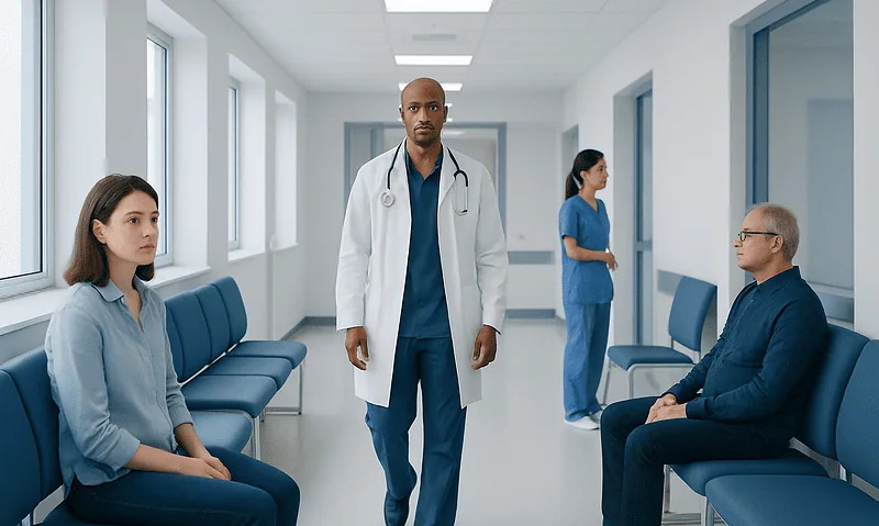 Medical professionals and patients in a hospital corridor.