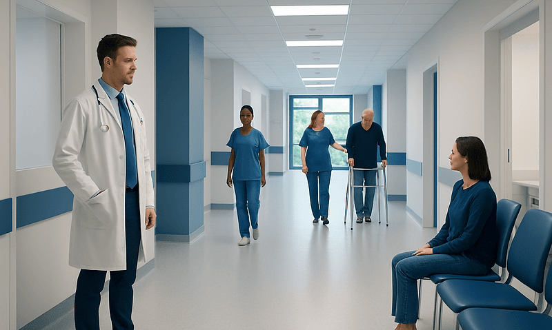 Hospital corridor with medical staff and patient in waiting area.