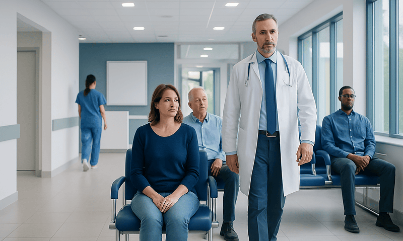 Early Signs of Stroke and TIA: When Minutes Matter 6 Doctor consulting patients in a hospital waiting area.