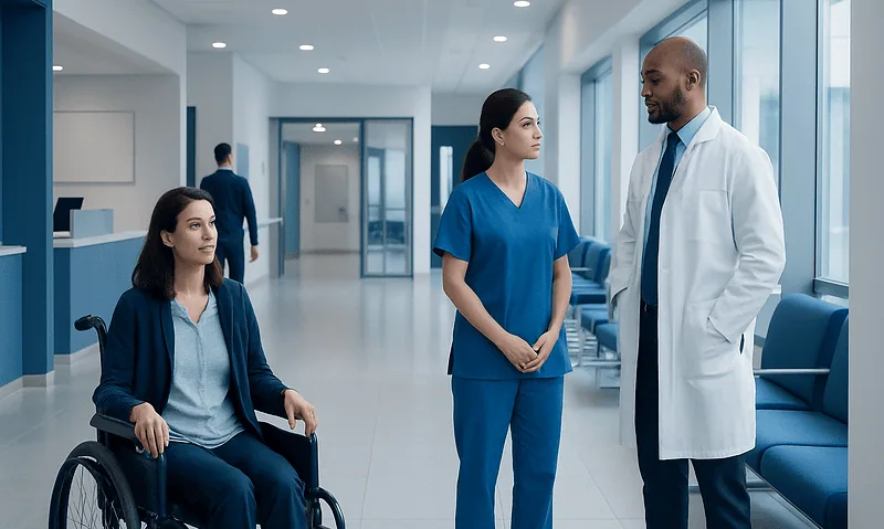 Medical team discussing patient care in hospital corridor.