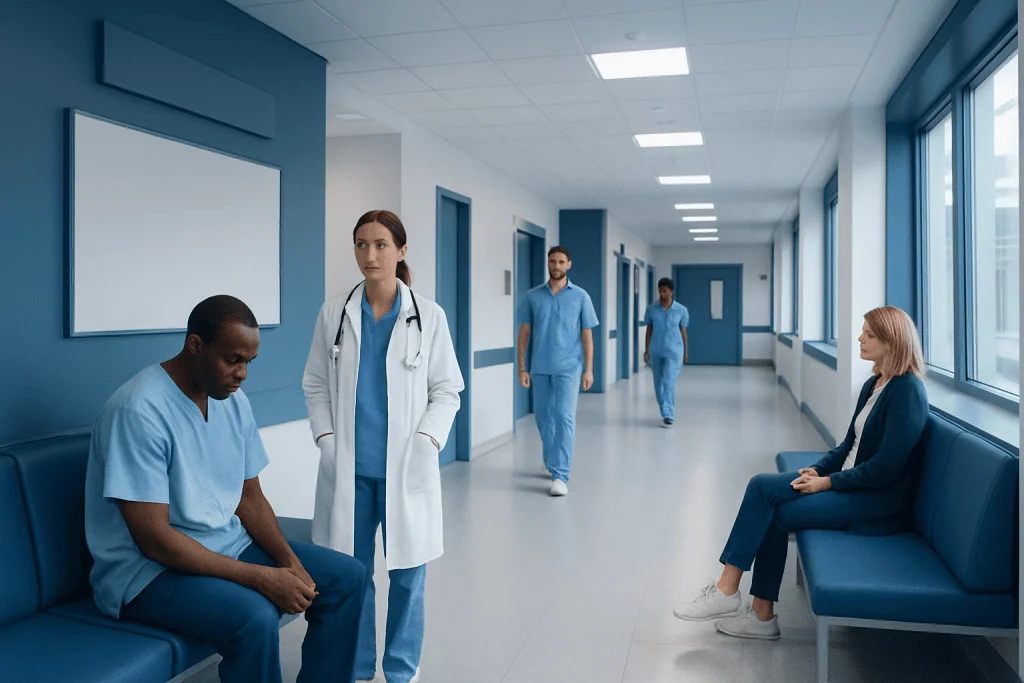 HIV-Related Brain Infections: Symptoms Doctors Investigate First 1 Medical staff and patients in a hospital corridor with large windows.