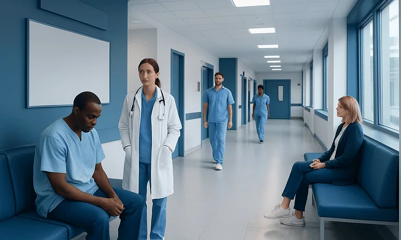 Medical staff and patients in a hospital corridor with large windows.