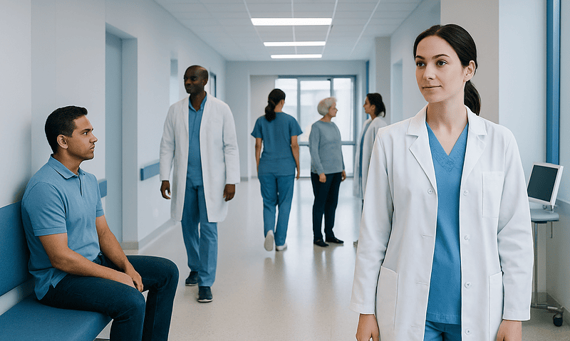 Healthcare professionals and patients in a hospital corridor.