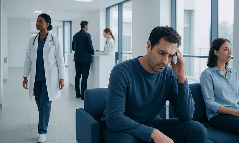 Man experiencing headache in hospital waiting area with medical staff nearby.