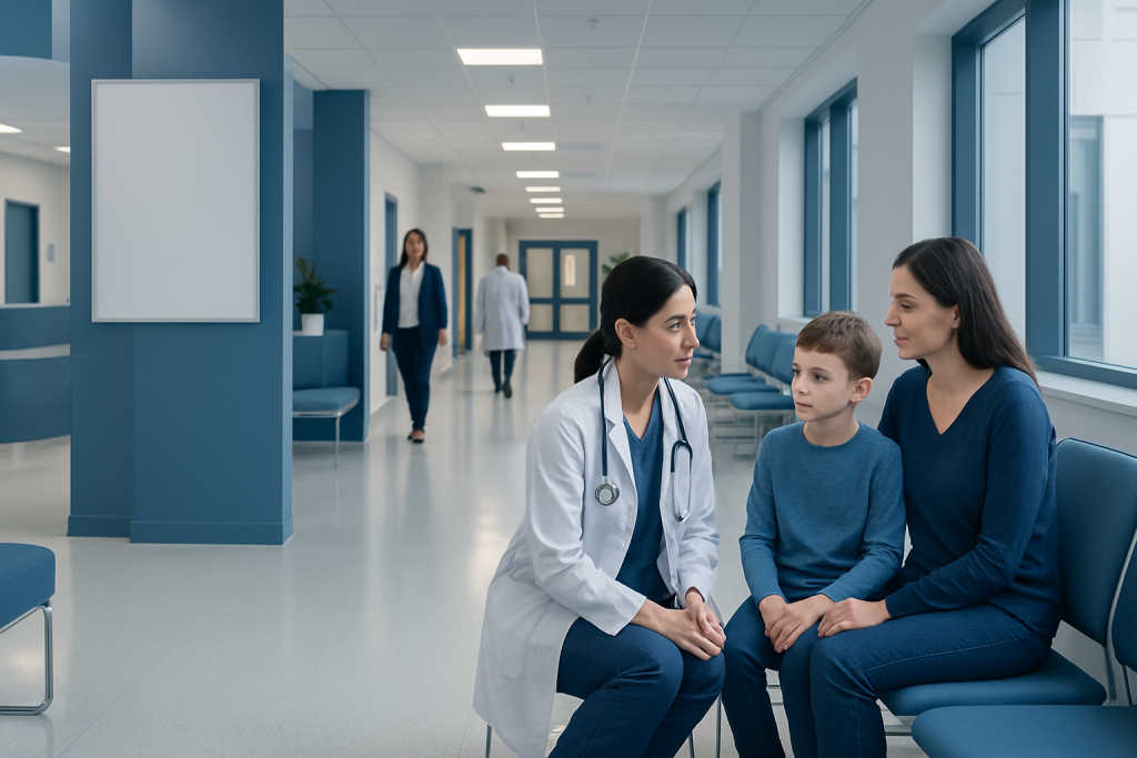 Pediatric Seizures: When a Child Needs a Neuropediatric Assessment 1 Pediatric neurologist consulting with young patient and mother in hospital corridor.