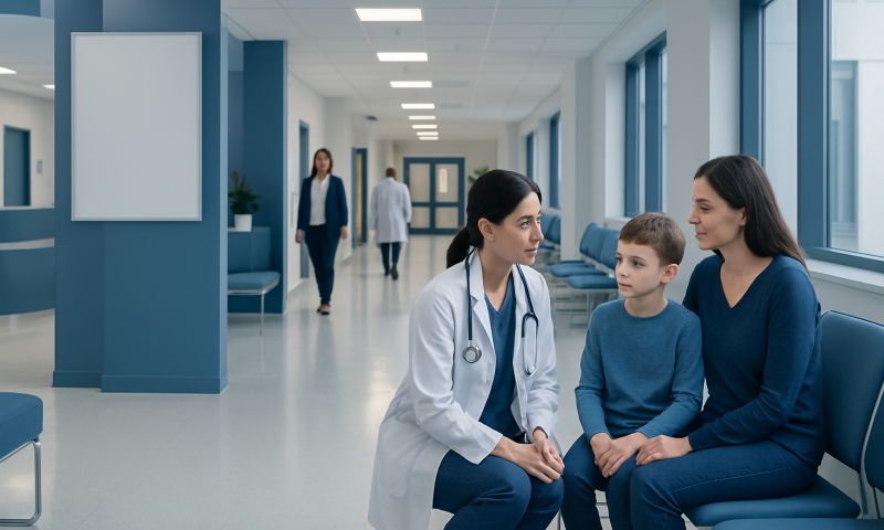 Pediatric neurologist consulting with young patient and mother in hospital corridor.