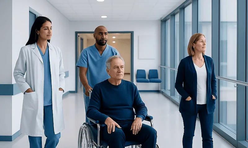 Medical team with patient in hospital corridor for brain blood flow assessment.