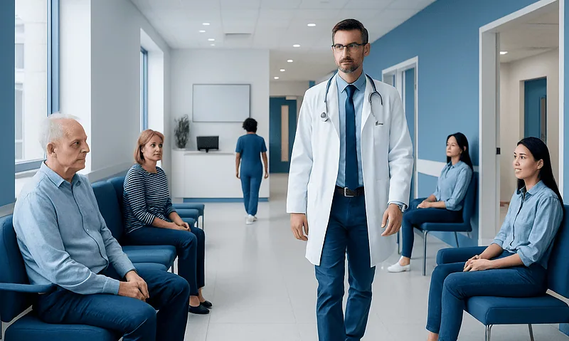 Doctor consulting patients in a hospital corridor with seated patients.
