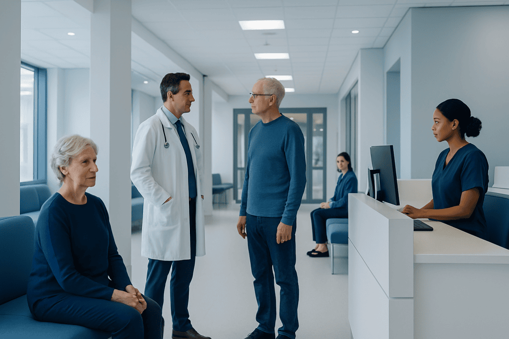 Memory and Thinking Changes in Huntington's Disease: What Families Can Expect 1 Doctor consulting with elderly patient in hospital corridor.
