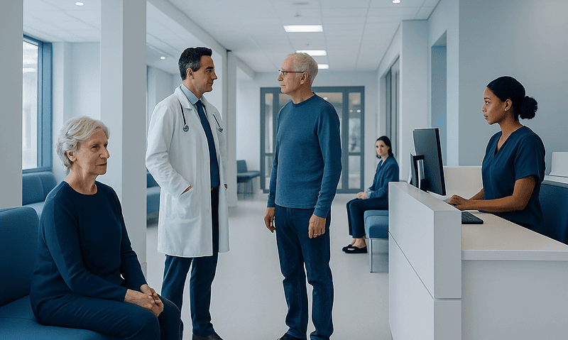 Doctor consulting with elderly patient in hospital corridor.