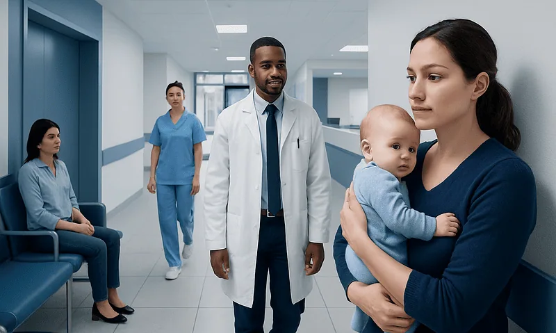 Mother holding baby in hospital corridor with medical staff nearby.