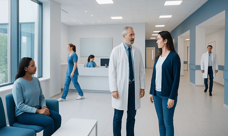 Medical professionals and patient in a hospital corridor at Acibadem Hospitals Group.