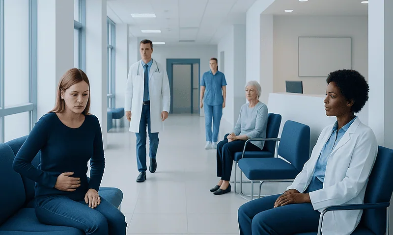 Patients waiting in a hospital corridor with medical staff present.
