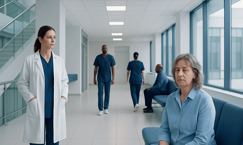 Medical staff and patient in a hospital corridor at Acibadem Hospitals Group.