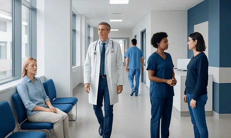 Medical professionals and patient in hospital corridor at Acibadem Hospitals Group.