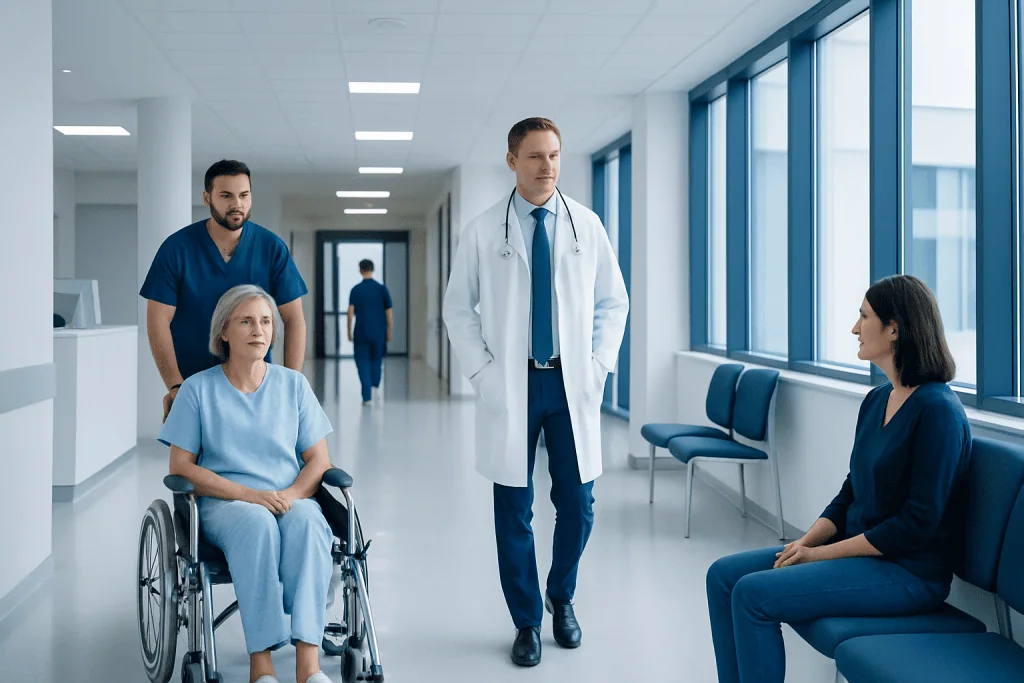 What Is Coronary Artery Bypass Surgery and How Does It Work? 1 Hospital corridor with medical staff and patient in wheelchair.