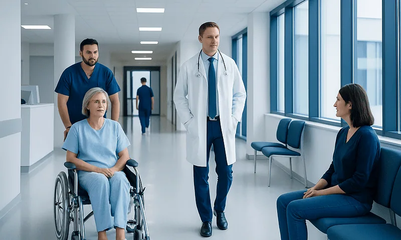 Hospital corridor with medical staff and patient in wheelchair.
