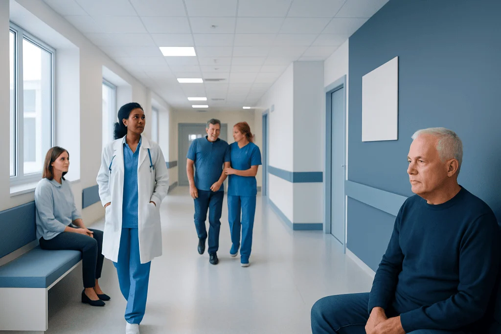 Infections That Mimic Stroke: When Neuroinfectious Diseases Specialists Get Involved 1 Medical team consulting patient in hospital corridor at Acibadem Hospitals.