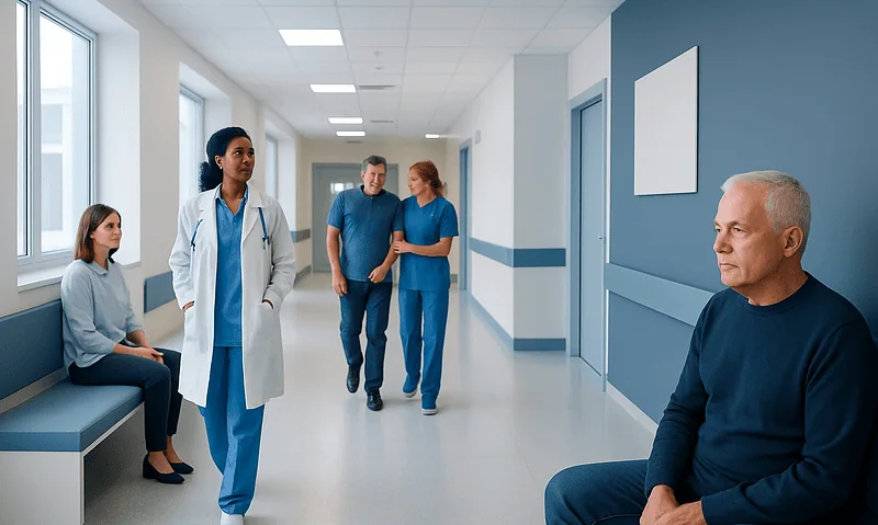Medical team consulting patient in hospital corridor at Acibadem Hospitals.