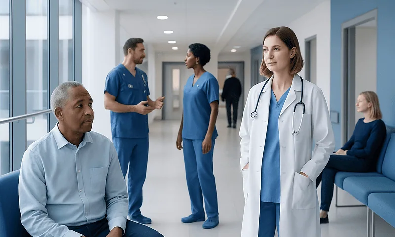 Medical team and patient in hospital corridor at Acibadem Hospitals Group.