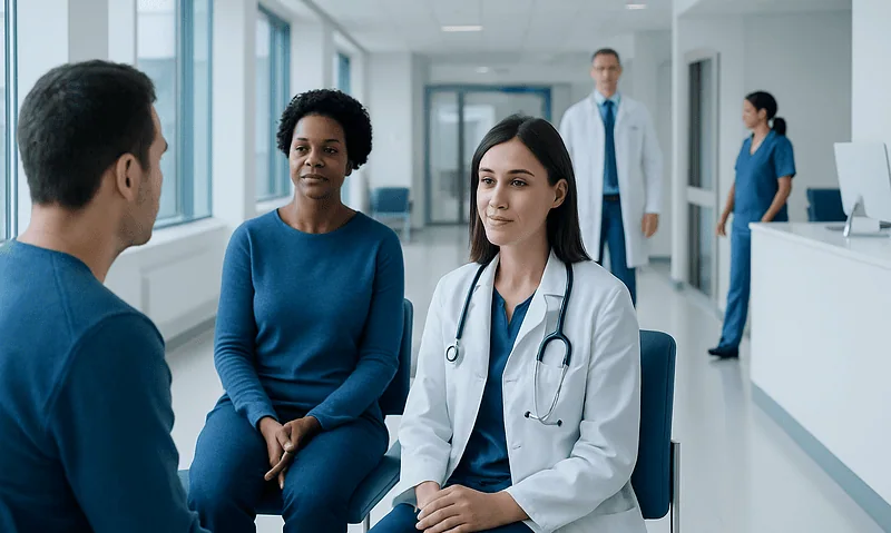 Medical consultation in a hospital with diverse healthcare professionals.
