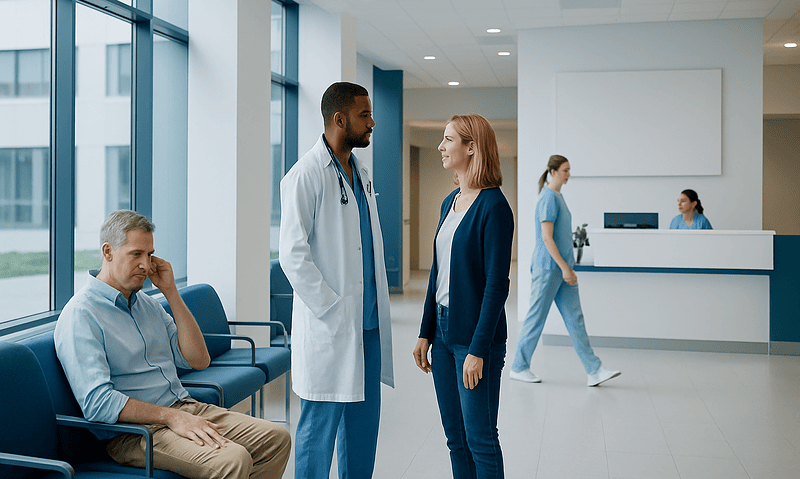 Doctor consulting with a female patient in a hospital lobby.