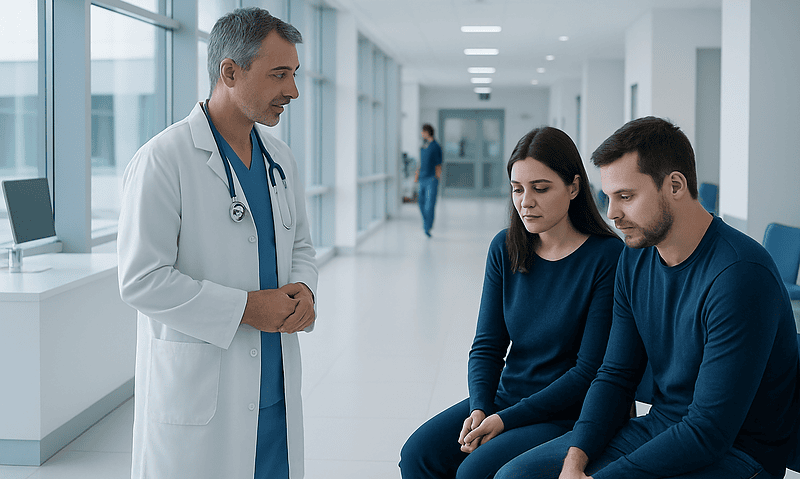 Doctor consulting with a couple in a modern hospital corridor.