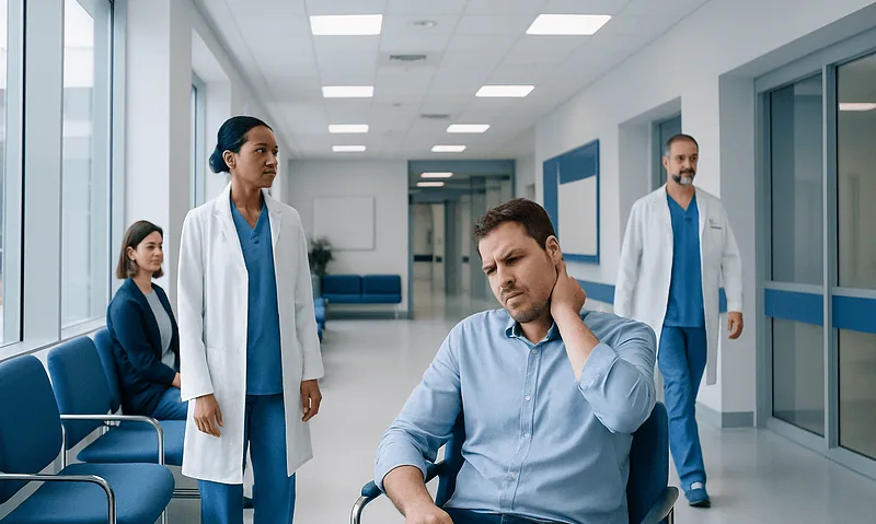 Patient experiencing neck pain in a hospital corridor with medical staff nearby.