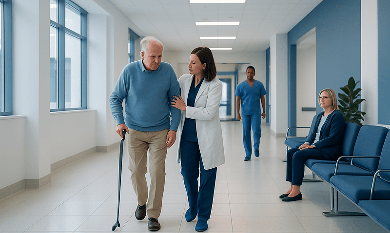 Elderly man walking with cane assisted by nurse in hospital corridor.