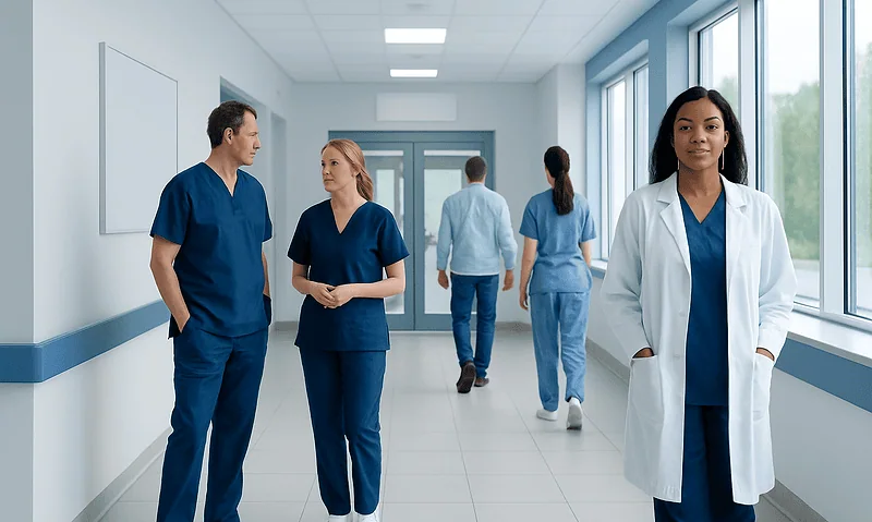 Medical team in hospital corridor with doctors and nurses.