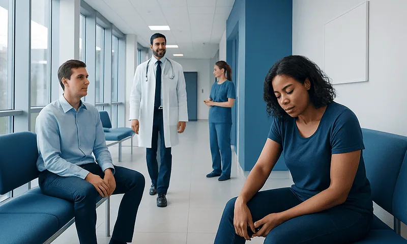 Patient experiencing muscle cramps in a hospital corridor with medical staff nearby.