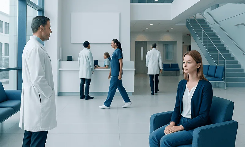 Patients and doctors in a modern hospital lobby with large windows and stairs.