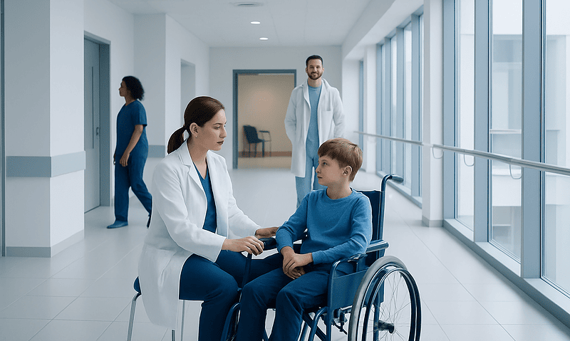 Pediatric patient in wheelchair with doctor in hospital corridor.