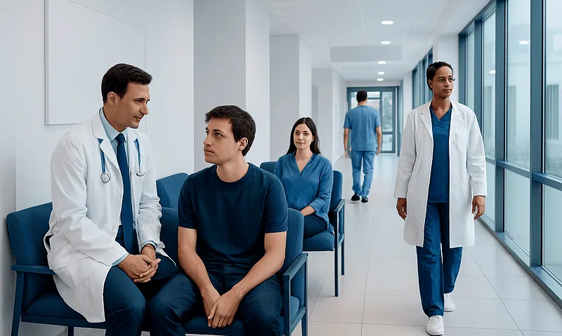 Medical professionals consulting with a patient in a hospital corridor.