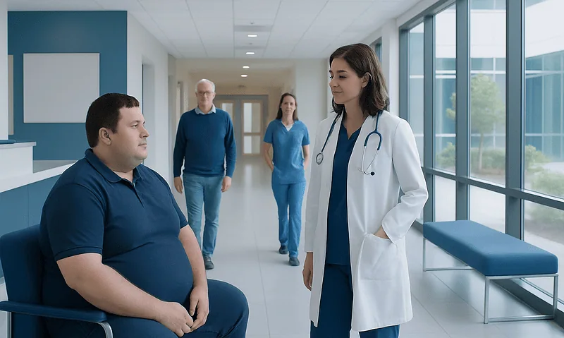 Doctor consulting with a patient in a hospital corridor.