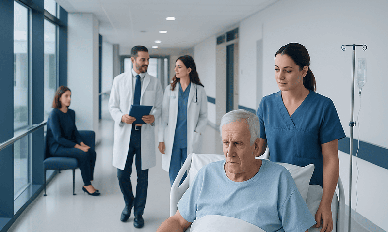 Hospital staff caring for a patient after heart surgery in a modern hospital.
